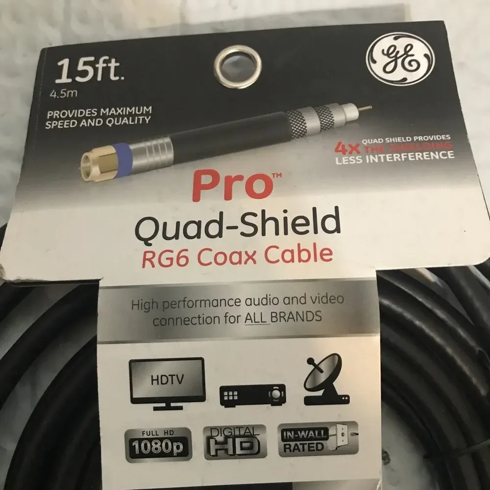 GE 33732 Pro Quad-Shield RG6 Coax Cable 15 ft 4.5m by jasco 2018 New NOS